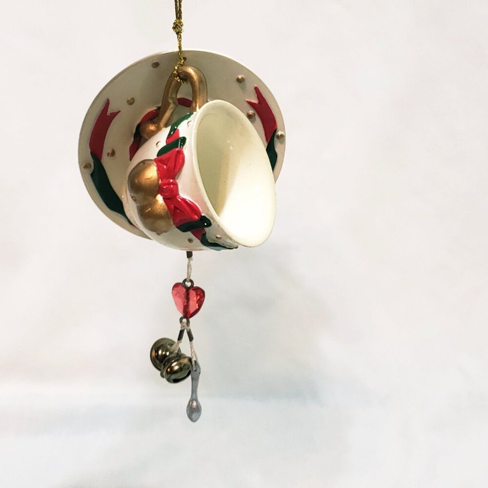 Tea Cup Saucer Spoon Bells Heart Christmas Ornament 1.5" UDC 2003 Resin